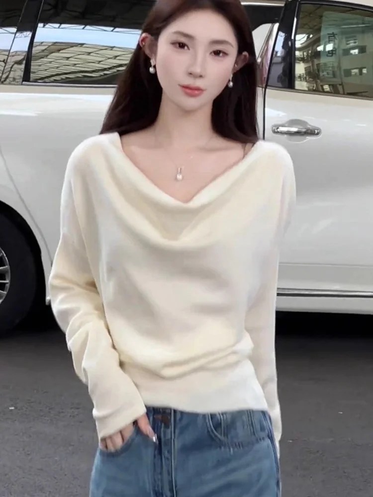 여아 니트 스웨터 오프숄더 언밸런스 백색 이너웨어 부드럽고 편안한 가을 겨울 상의 허리 조임 베이스 셔츠