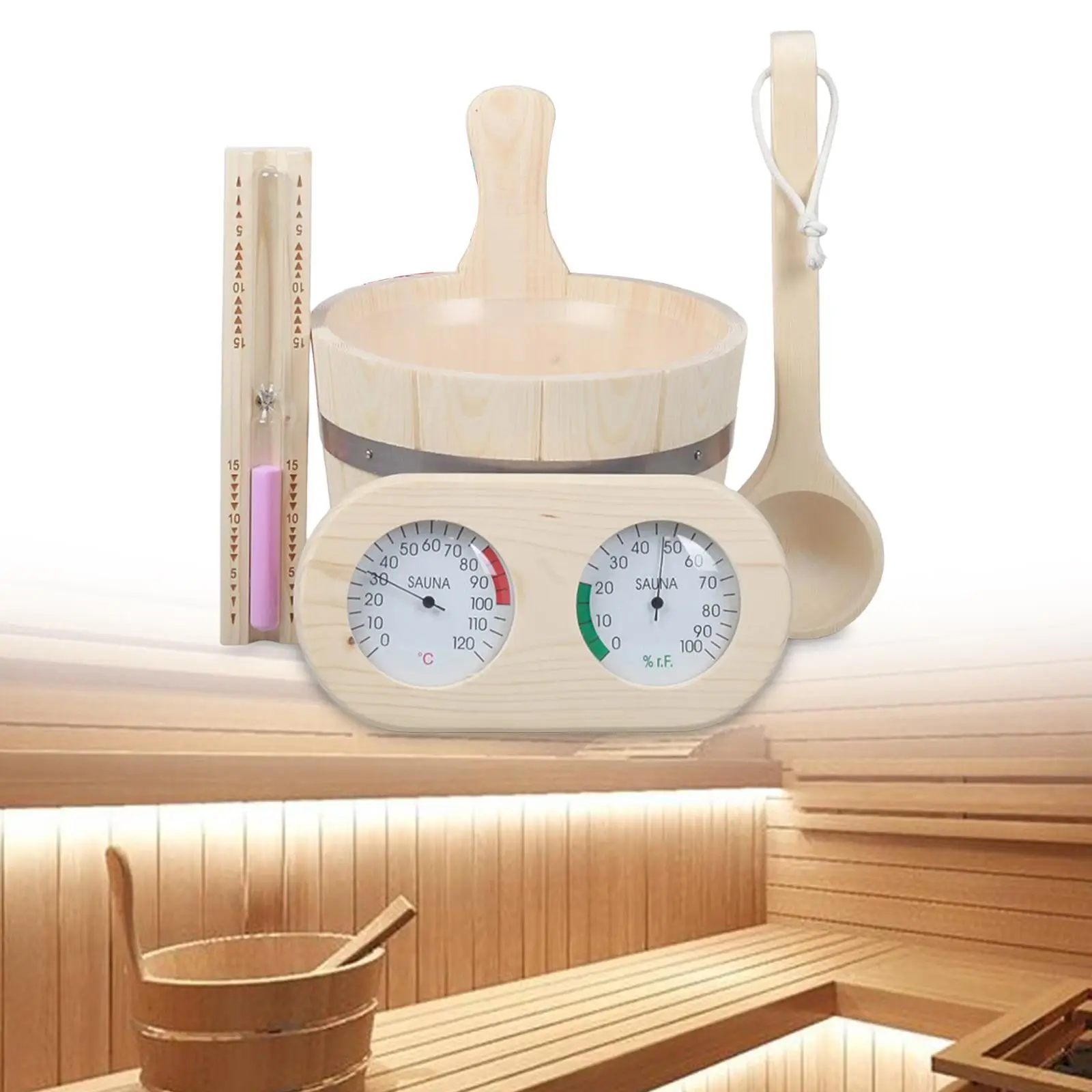 

5 Pieces SPA Accessory Hourglass Sauna Bucket and Ladle Set Thermometer and