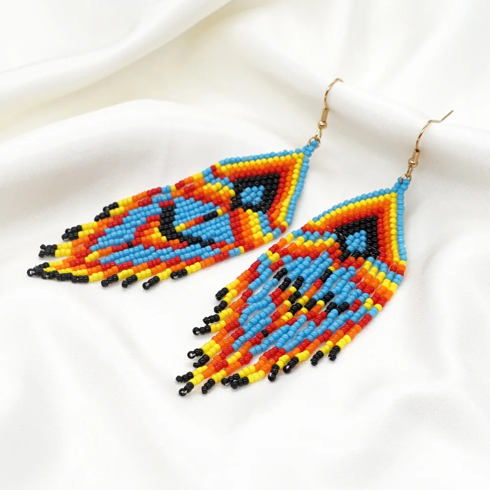 

Rice bead earrings Tassel Geometry Rainbow Bohemia Design Versatile Hand knitting Alloy Female Fashion Simple Beaded earrings