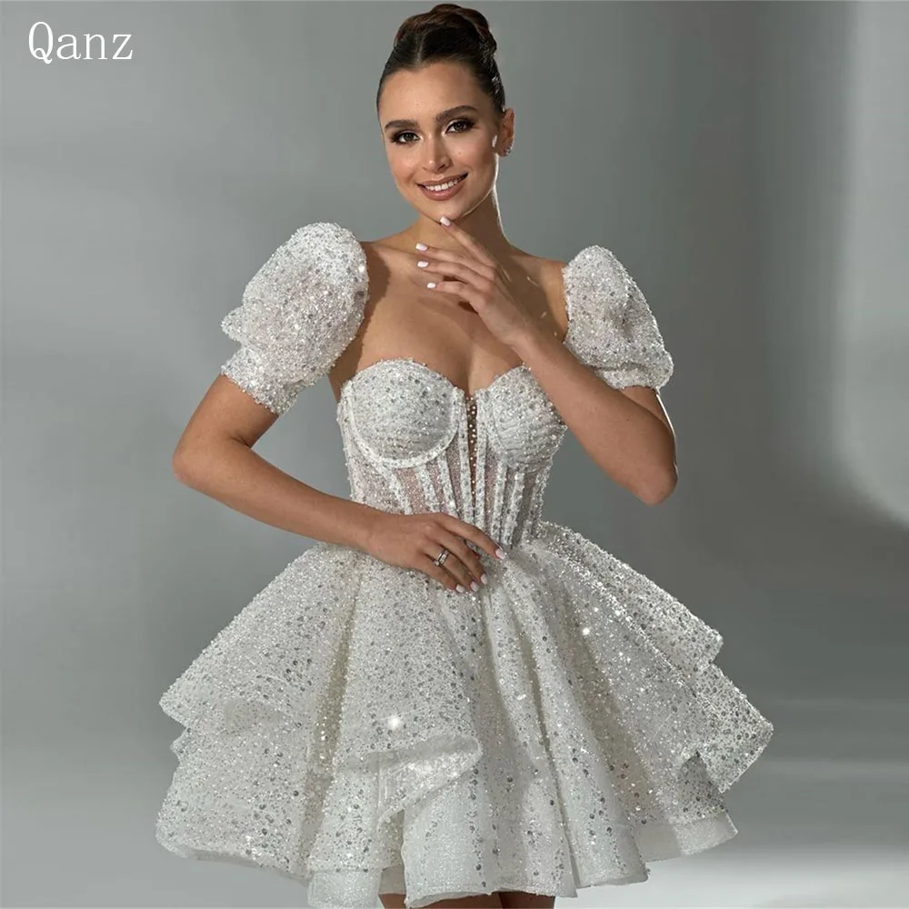 Qanz-Vestidos curtos de lantejoulas frisadas Puff mangas de casamento para mulheres, princesa querida, luxo elegante, 2024