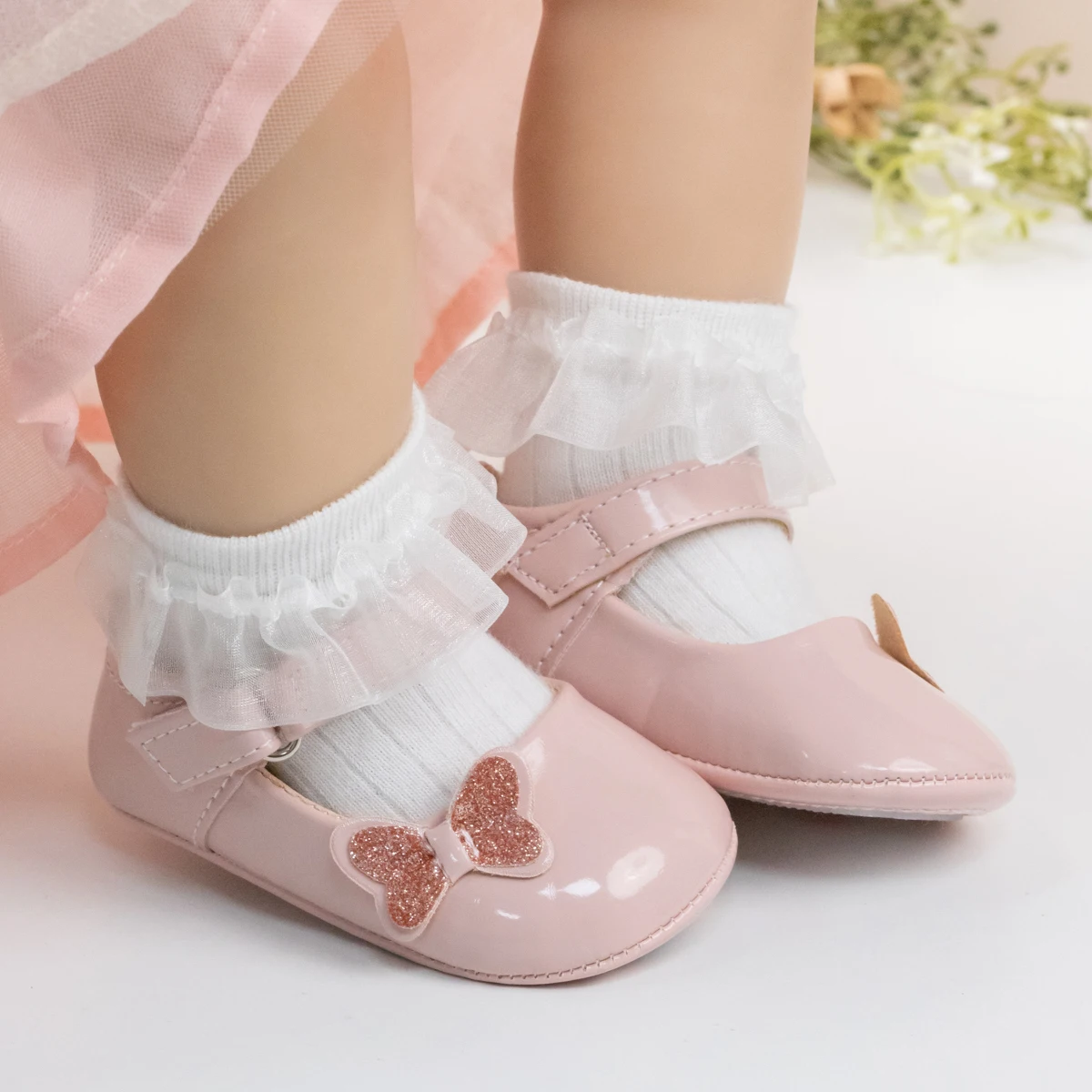 KIDSUN Baby Shoes Newborn Girl Princess PU Toddler Shoes Bow Decor Rubber Sole Anti-Slip First Walker Shoes 0-18M