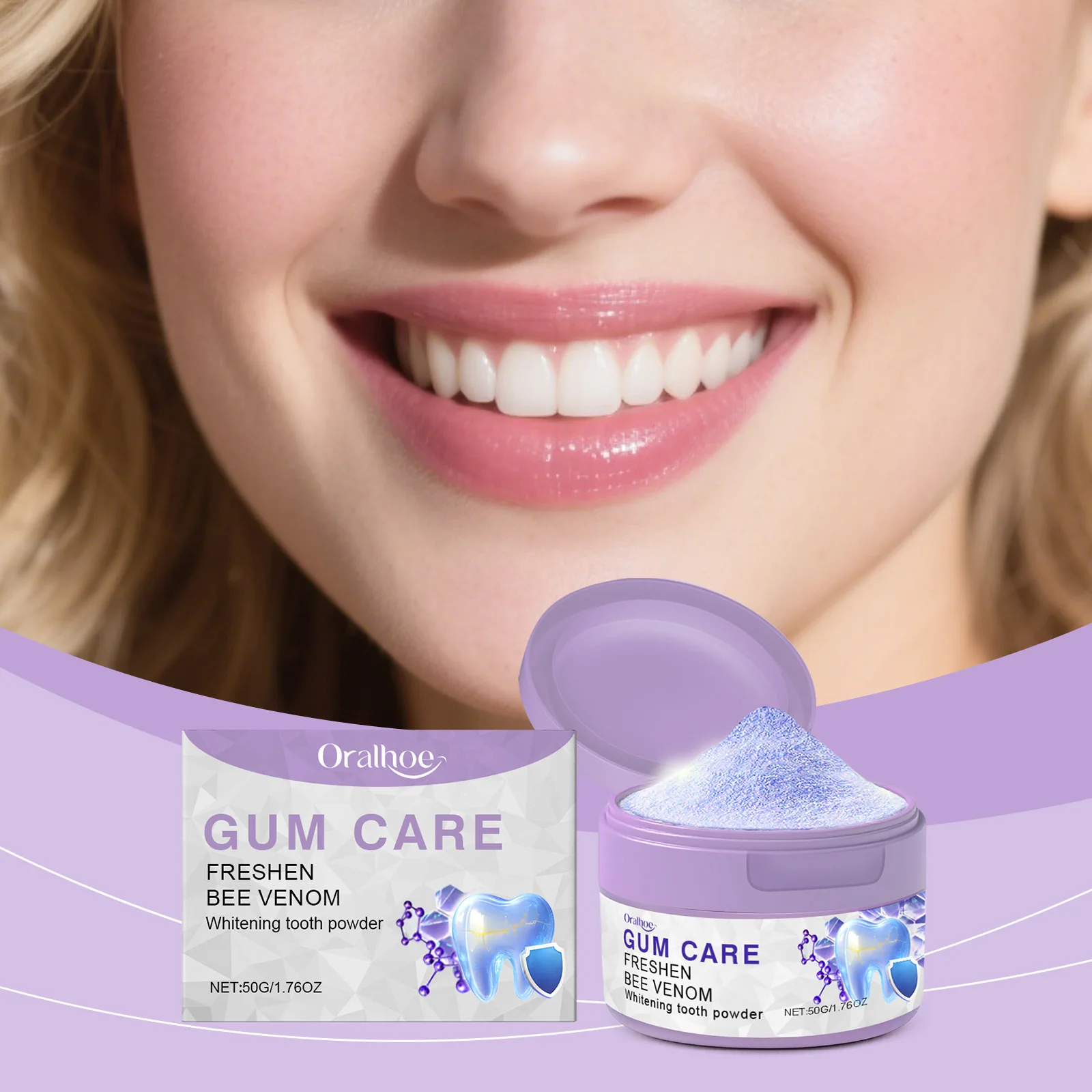 Purple Bee Venom Teeth Whitening Powder Color Correction Brighten Teeth Remove Coffee Smoke Stain Fresh Mint Breath Oral Hygiene