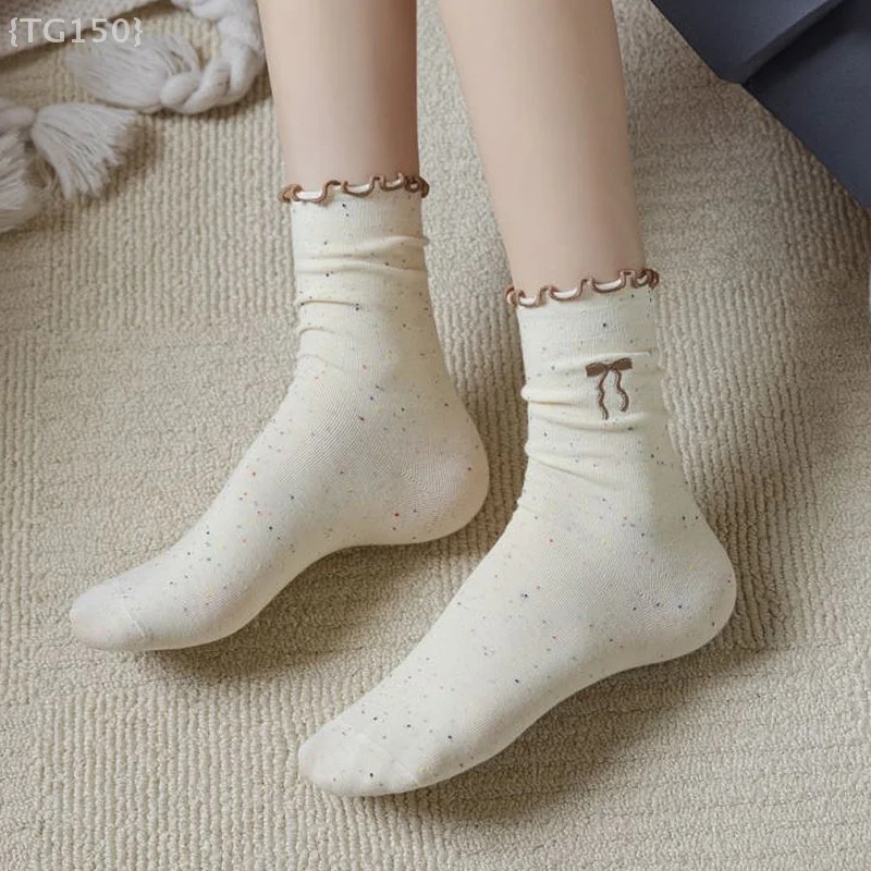 Calzini ricamati con orecchie in legno da donna (5 pezzi) - Design a pois in chiffon a metà polpaccio per abbigliamento da studente