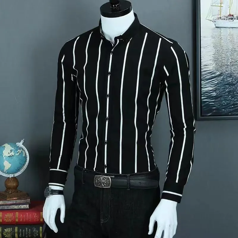 Fashionable Men\'s Long Sleeve Slim Fit Casual Shirt with British-style, Vertical Stripes Shirt for male Long Sleeved Tee black