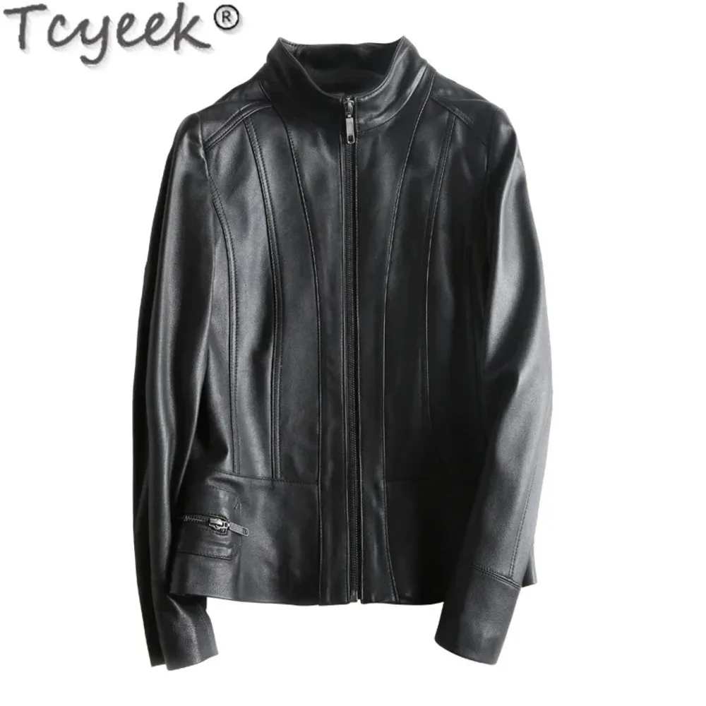 Real Tcyeek Women 2024 Stand Collar Spring Fall Motocycle s Women's Leather Jacket Top Layer Sheepskin Coat