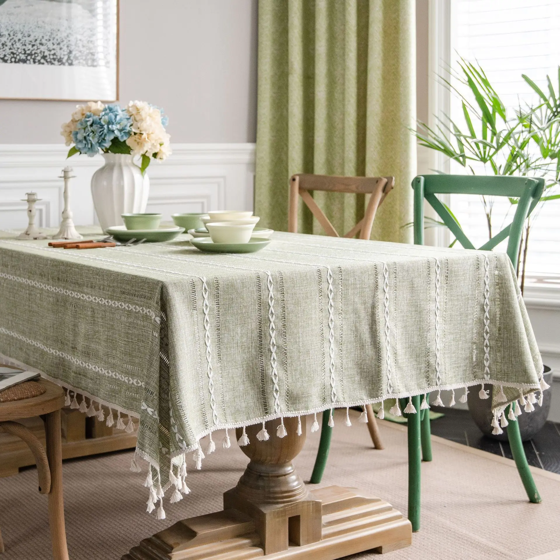 

Home Decor American Pastoral Style Green Hollow Tassel Tablecloths Dining Table Decoration Rectangular Table Cloth Table Linen