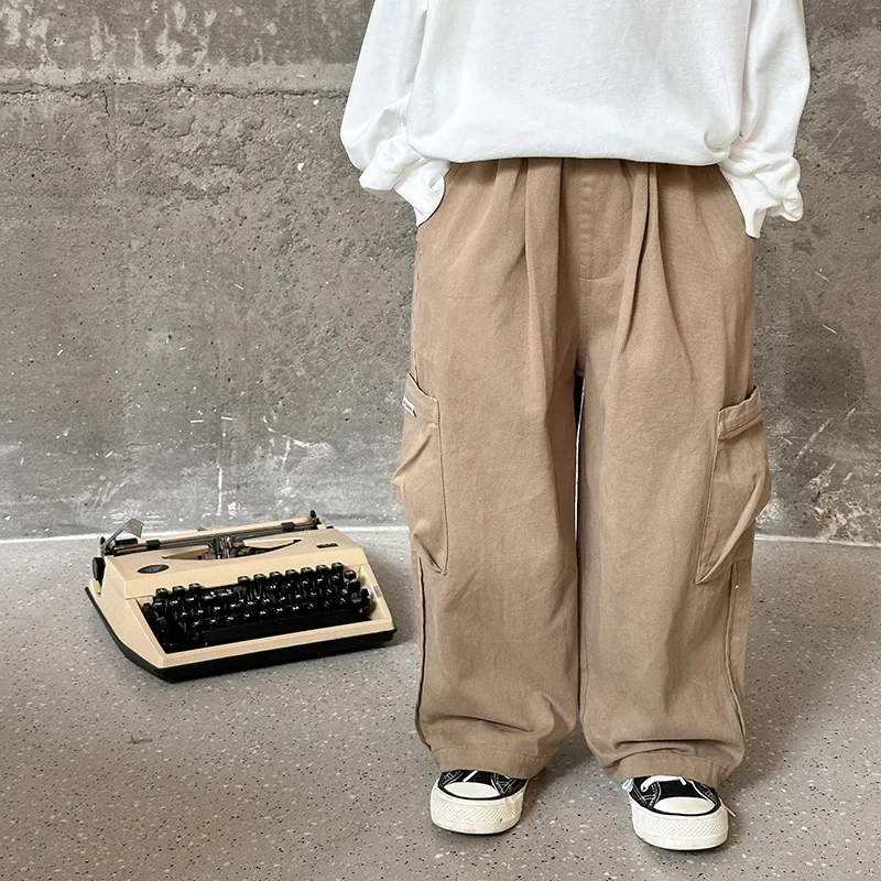 

Children Clothes 2024 Autumn Korean Style Loose Pants Boys and Girls Cool Pocket Cotton New Fashionable Straight Leg Overalls