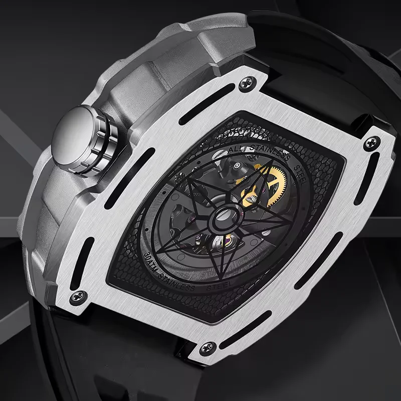 New Skeleton Watches for Men Fashion Sport Wine Barrel Watch 316L Stainless Steel Case Silicone Tape Mechanical Mille Clock Gift