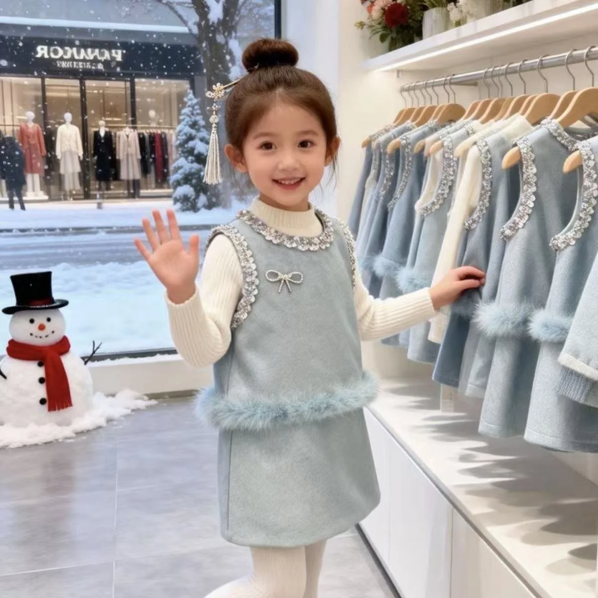 Girls' Cashmere Set Autumn and Winter New Item Baby Girls' Light Blue Velvet Vest Half Skirt Fashionable Vest Two-piece Set