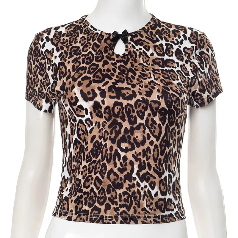 Top corto stampato leopardato da donna casual T-shirt sexy vintage a maniche corte Moda O-Collo Clubwear Abiti slim 2025 Estate
