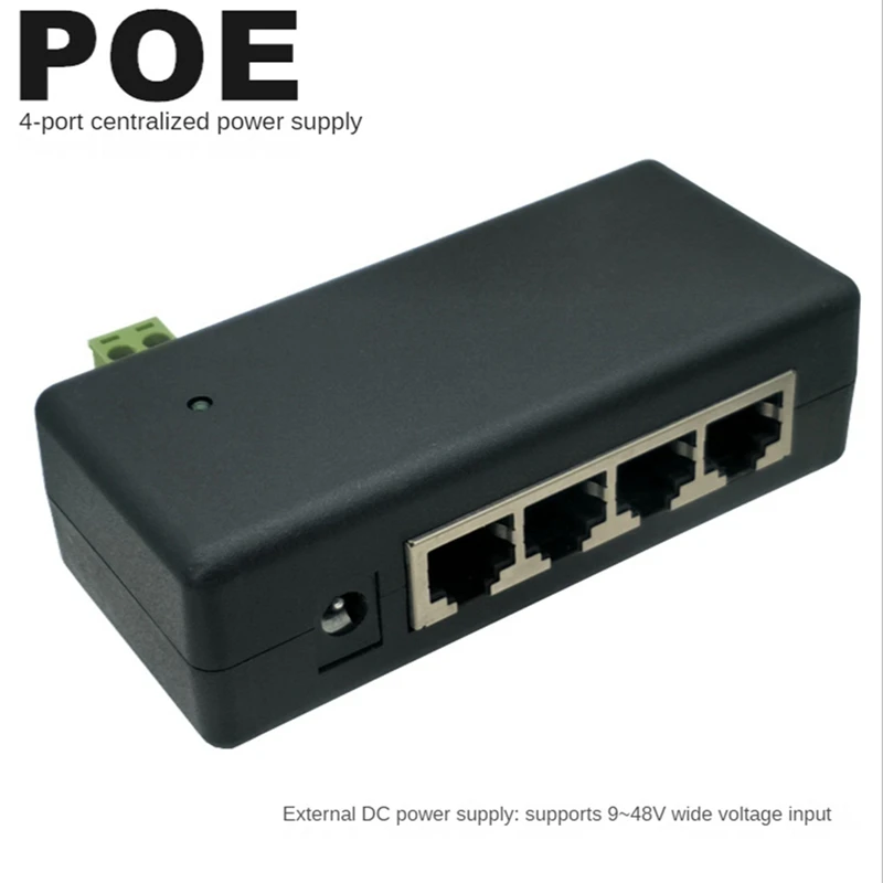 หัวฉีด POE 4พอร์ตสีดำ1ชิ้นสำหรับกล้องวงจรปิดเฝ้าระวัง IP กล้องไฟฟ้าผ่านอะแดปเตอร์อีเธอร์เน็ต