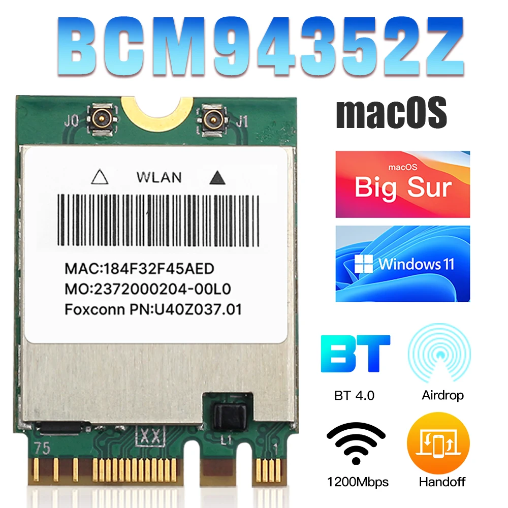 Dual band Wireless Hackintosh BCM94352Z WIFI Card NGFF M.2 1200Mbps Bluetooth4.0 BCM94352Z NGFF 802.11ac Wlan Adapter DW1560