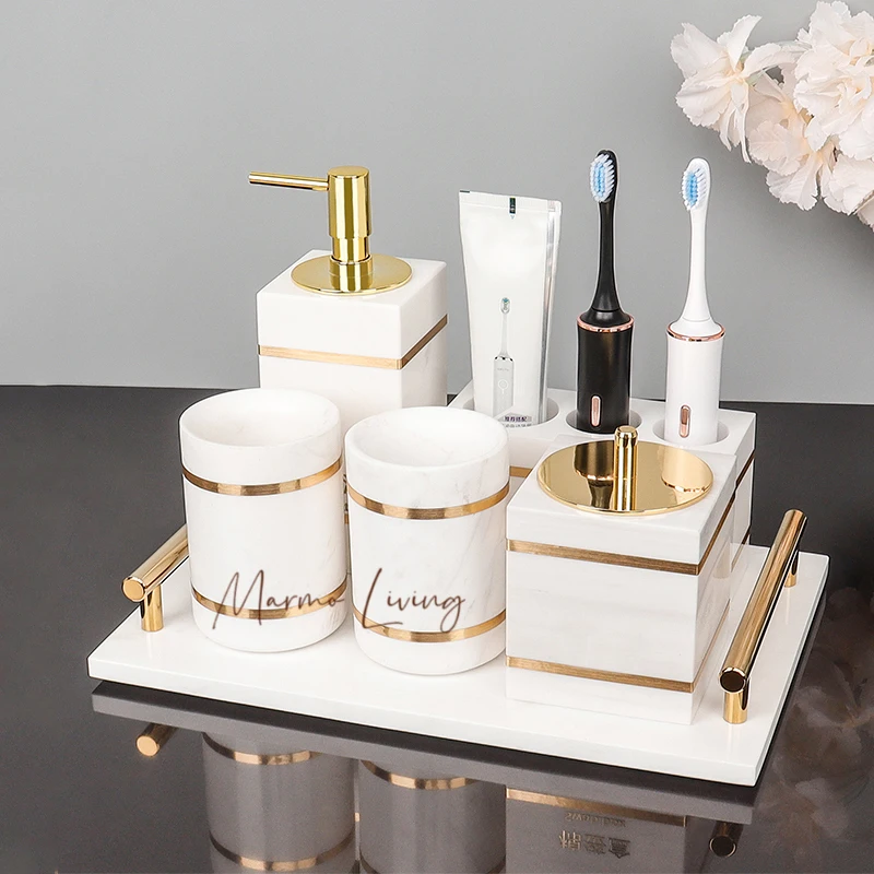 Volakos White Natural Marble Bathroom Accessories Golden Luxury Soap Dish Soap Dispenser Toothbrush Holder Tray Bathroom Set