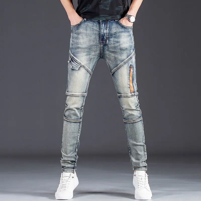 

Men's Personality Vintage Splice Retro Motorcycle Zipper Europe and America Autumn New Slim Leggings men jeans ripped jeans