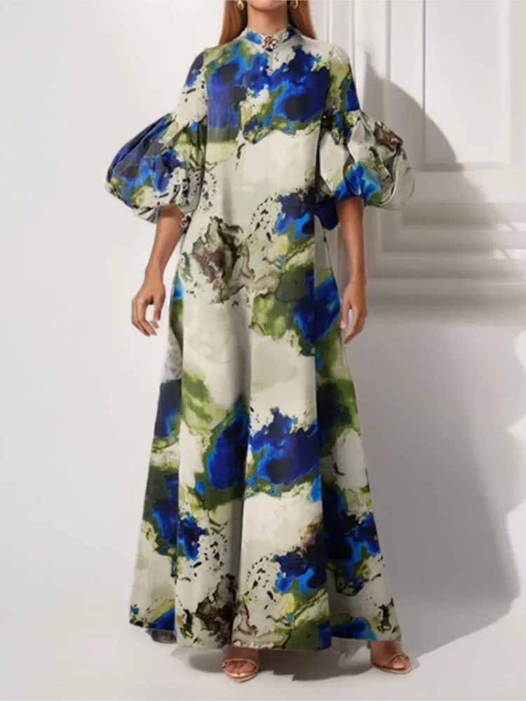 

Fashion Print Loose Dress For Women Casual Puff Sleeve O Neck Dresses Lady Elegant Holiday Party Womens Clothing Robe Femme New