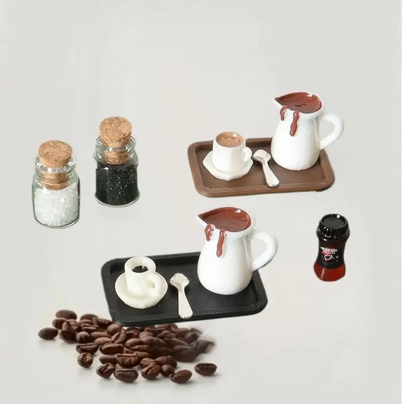 Miniatuur handgemaakt 7-delig poppenhuis koffiekopje model met decoratieve lade plaat accessoires voor desktop scène simulatie