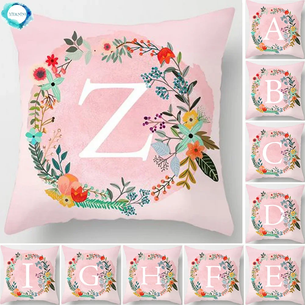 Pink Decorative Pillow Cover 26 Letters In A Wreath Background Pillowcase For Home Decorative Alphabet Cushion Cover 45x45cm