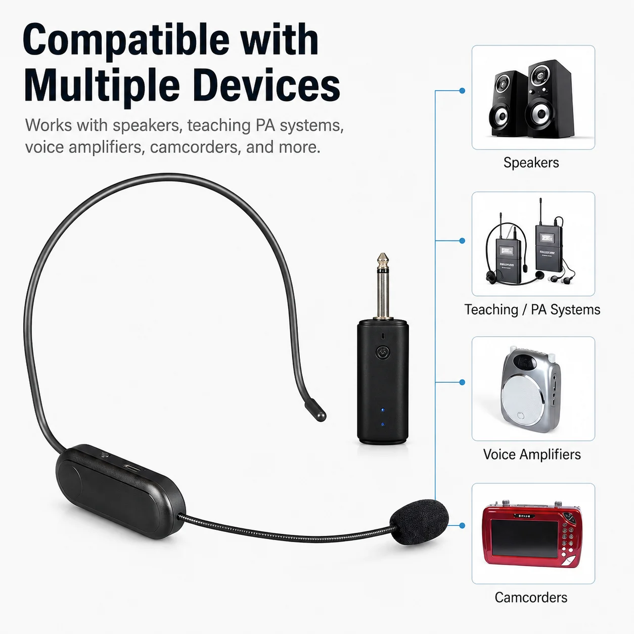 Professional Wireless Headset Microphone Rechargeable 6.35mm Plug Receiver for Classroom Teaching and PA Speakers
