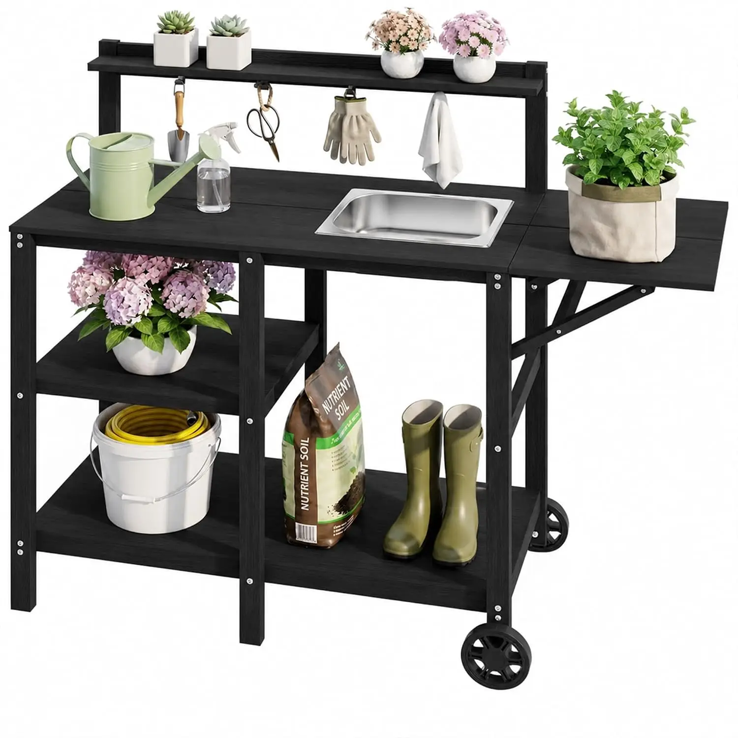 Potting Bench with Sink, All-Weather Resistant,Black, Customized