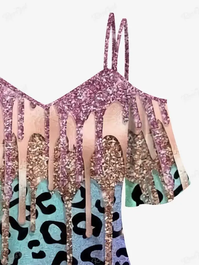 New Plus Size Print Graphic Outfits XS-6X Paint Drop Blobs Leopard 3D Printed Cold Shoulder Cami T-shirt Or Flare Pants