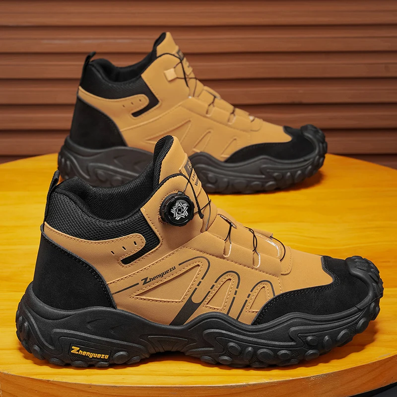 Autumn and Winter Outdoor Long-Distance Hiking Boots for Men with Rotating Buckle, High-Top Ankle Protection, Non-Slip and Wear-Resistant Hiking and Mountaineering Boots