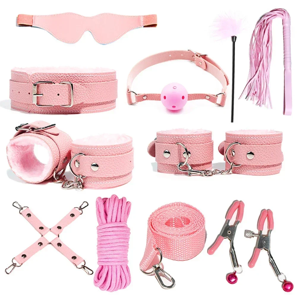 Sex Toys Kits for couples PU Sex Bondage Set Handcuffs Sex Games Whip Gag Shackles Collar Fluff Stick Nipple Clamp For Couples