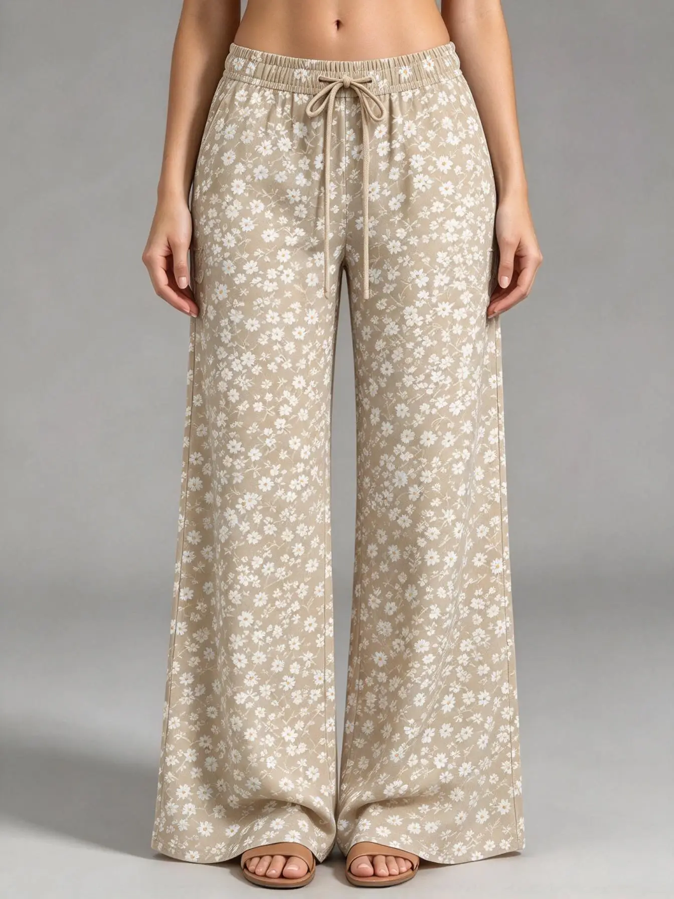 Ladies Low Rise Wide Leg Trousers Boho Tiny Floral Print Soft Fabric Loose Vacation Pants