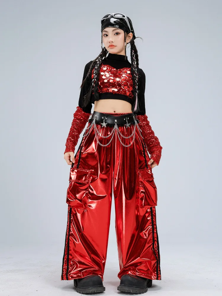 Kids Hip Hop Red Shawl Crop Top Street Dance Shiny Cargo Pant Girls K-pop Jazz Streetwear Clothes Sets Children Group Costumes