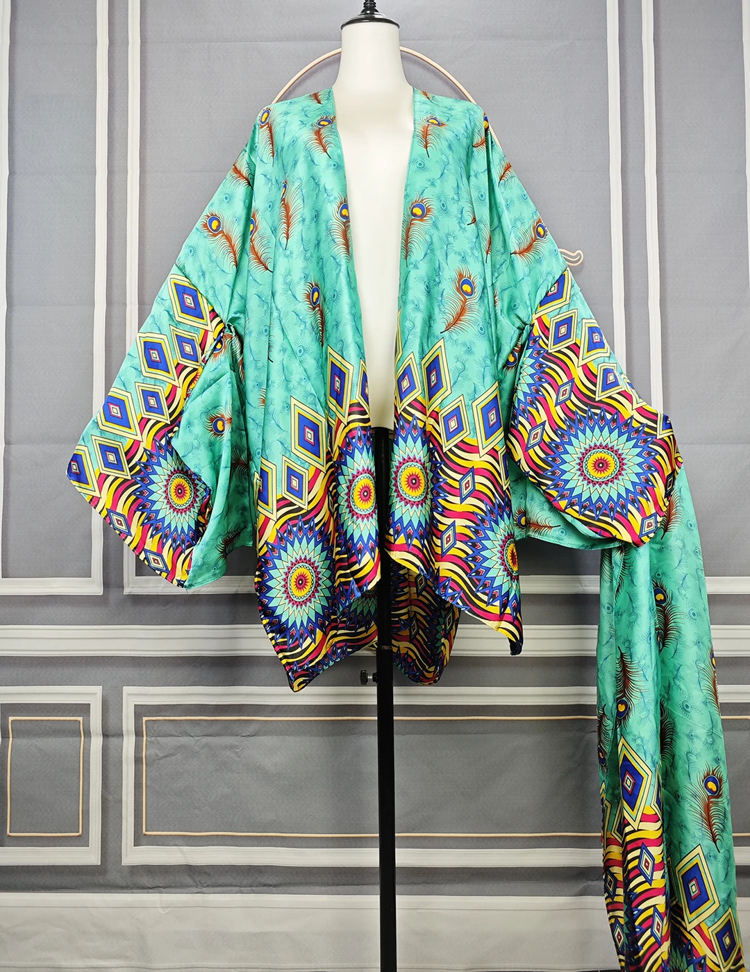 New Fashion Summer African Women Silk Printed Short Kimono With Scarf Plus Size Thailand Vacation Beach Biiki Cover Up For Club