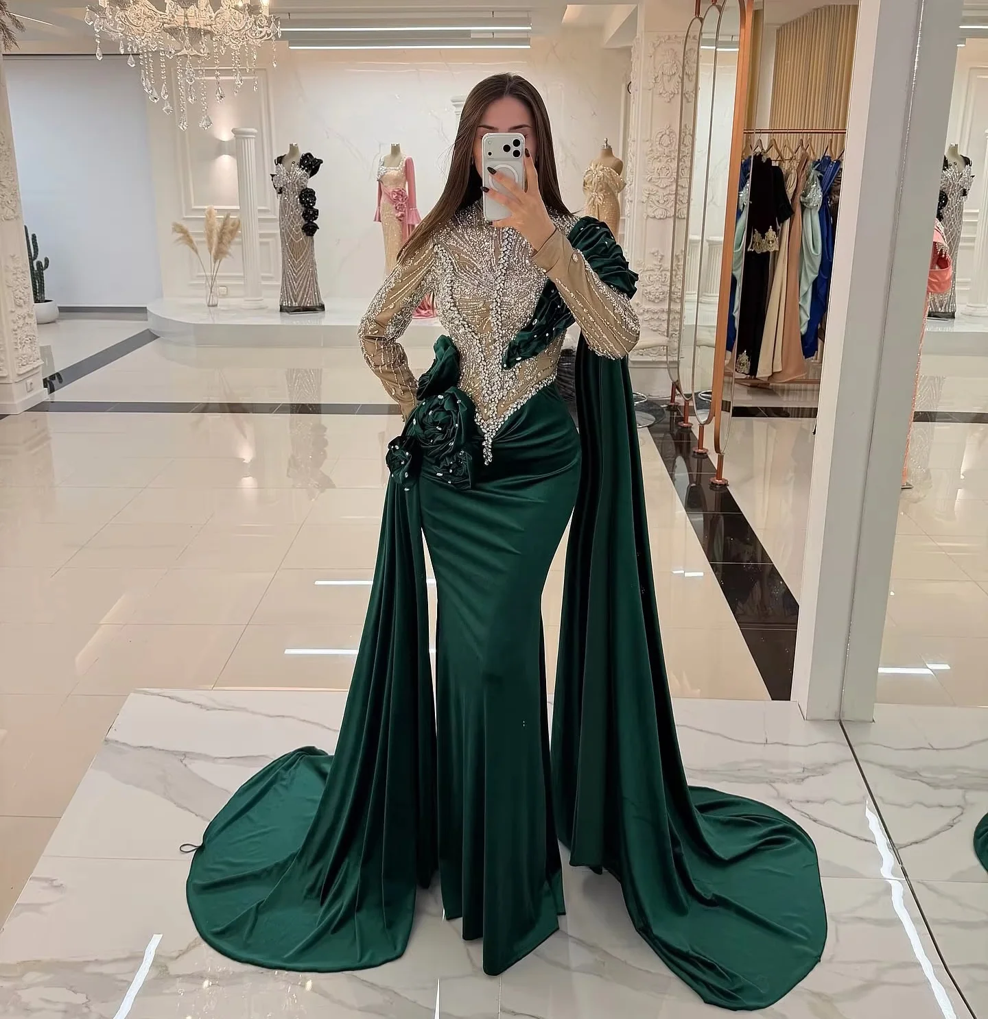 Luxury Middle Eastern Evening Dresses Mermaid Long Sleeves Beaded Saudi Arabia Dubai Robe De Soiree Prom Dress Gown Customized