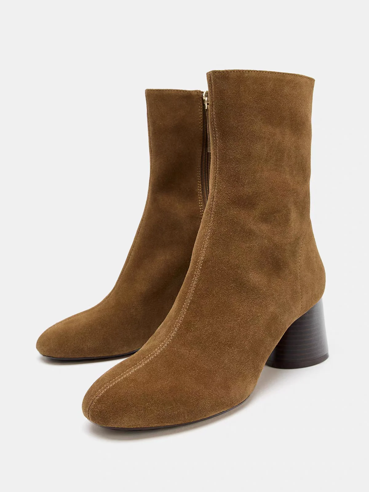 New Women's Shoes in Sandy Brown Suede Pointed Toe Zip-up Ankle Boots with Chunky Heels, Slimming and Versatile Style