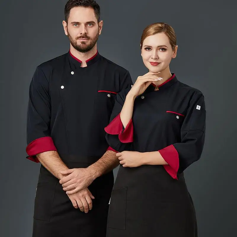 Uniforme de Chef d'hôtel à manches longues pour hommes, vêtements de cuisine arrière de Restaurant d'automne et d'hiver, salopette de Chef à manches courtes plus