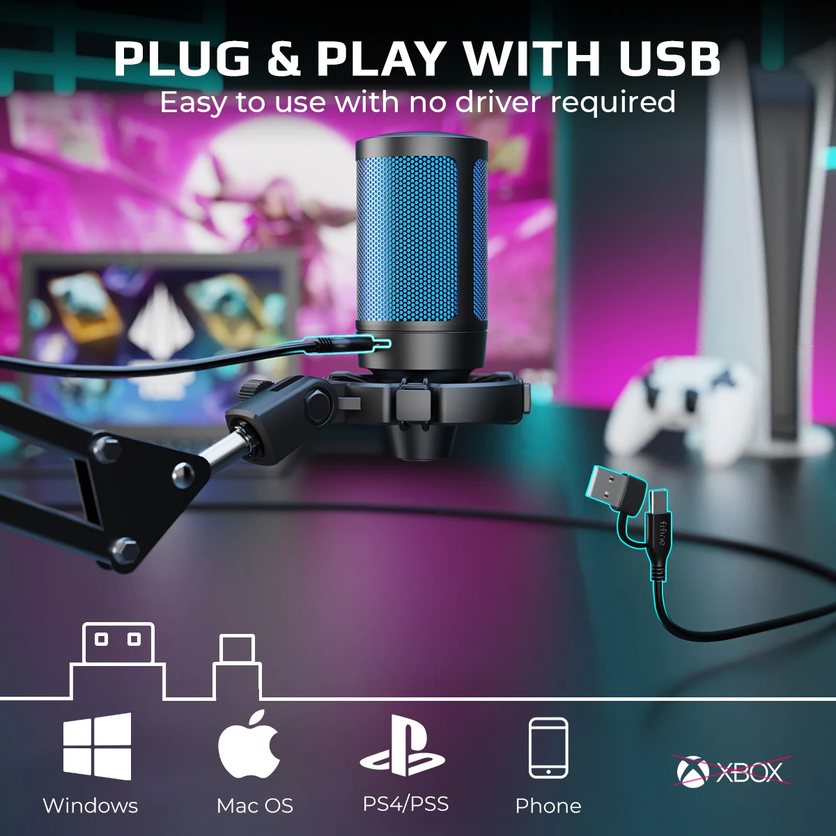 AmpliGame Gaming Microphone Kit with Mute for mobile,USB RGB Condenser Mic Set with Arm Boom for PC,Laptop,PS5,Streaming -A2T