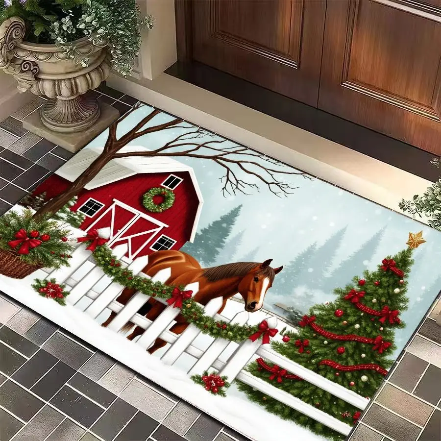 VIKAMA Christmas Doormat Merry Bright Tree Bells Coir Entrance Doormat for Outdoor Front Door Porch Xmas Home Decor