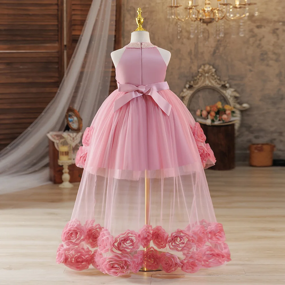 HETISO Children Party Dresses Sequins Collar And Sash Flower Tulle Trailing Carnival Costume for Little Girl White Ball Gow
