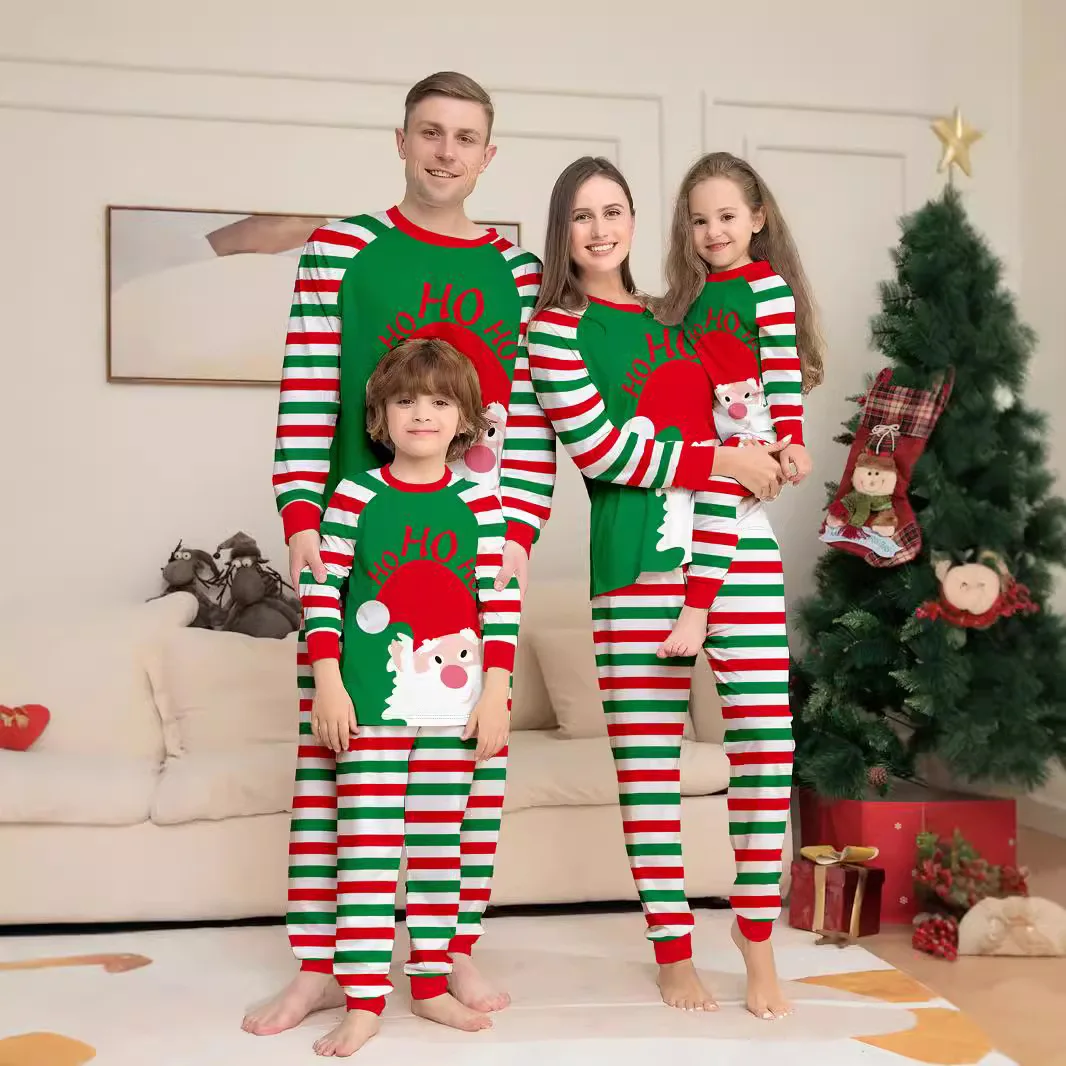 Christmas Family Pajama Set From Europe And America, Red Green HO Printed Santa Claus Striped Home Pajamas