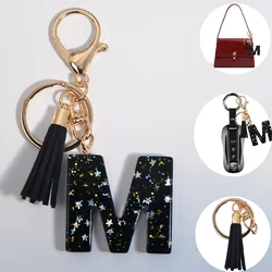 Mystery Black 26 Letters Key Chain Shine Stars Sequins Resin Keyring For Car Holder Tassel Keychains Women Handbag Charms