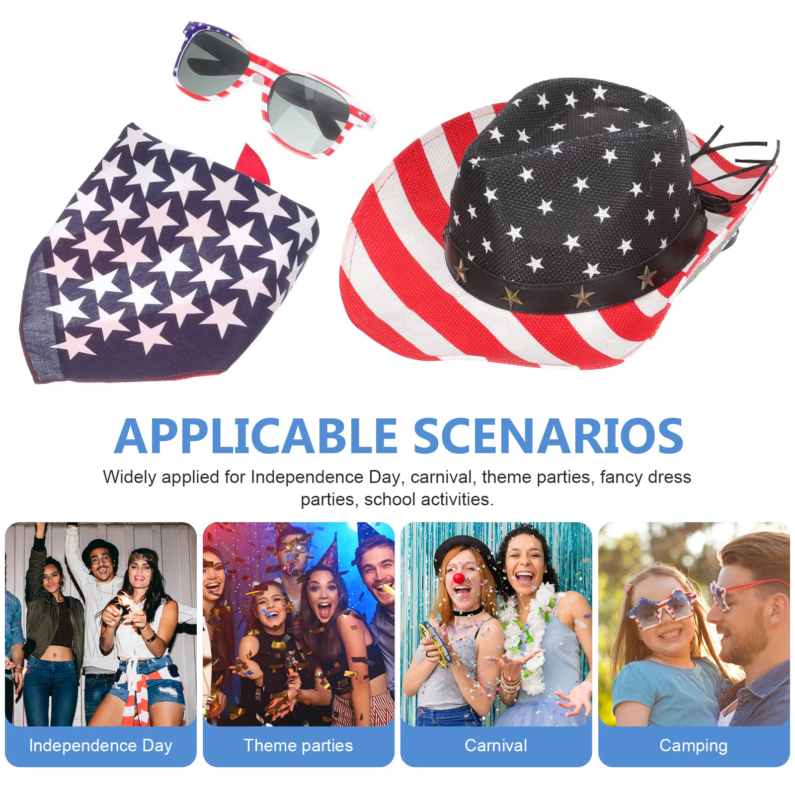 

1Set American Flag Cowboy Hat Wide Brim Party Sunglasses Scarf Set Sun Blocking Festival Outdoor Independence Day Accessories