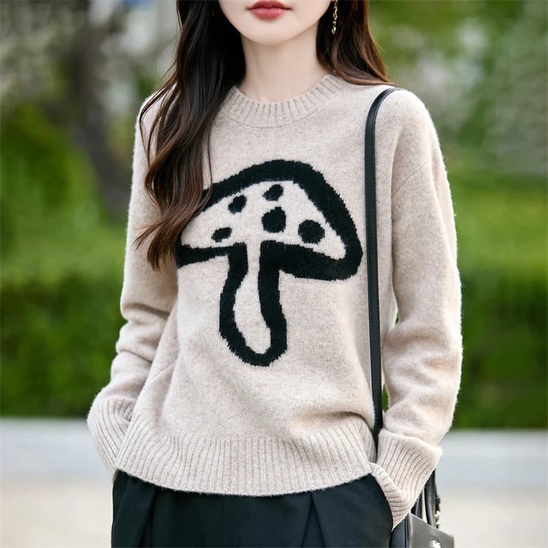 

Autumn And Winter New 100% Pure Wool Women's Loose Color Matching Sweater Thickened Round Neck Cashmere Knit Bottoming Shirt