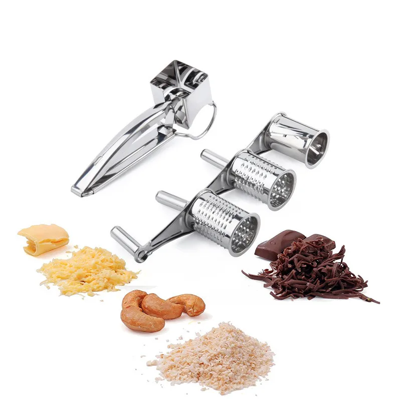 LMETJMA-Juego de 3 tambores, rallador rotativo de queso, rebanador de queso de acero inoxidable, rebanador de mantequilla y queso de cocina, molinillo de Chocolate y nueces KC0003