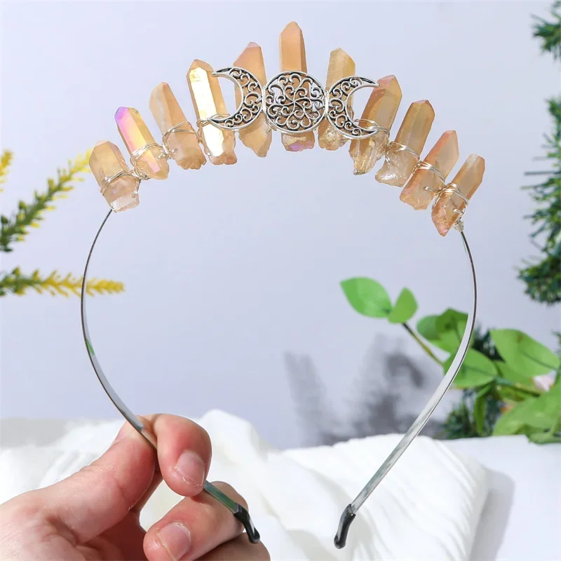 Halloween Raw Crystal Tiara Crown Headband Black Quartz Moon Goddess Witch Headpiece Women Girls for Cosplay Wedding Parties