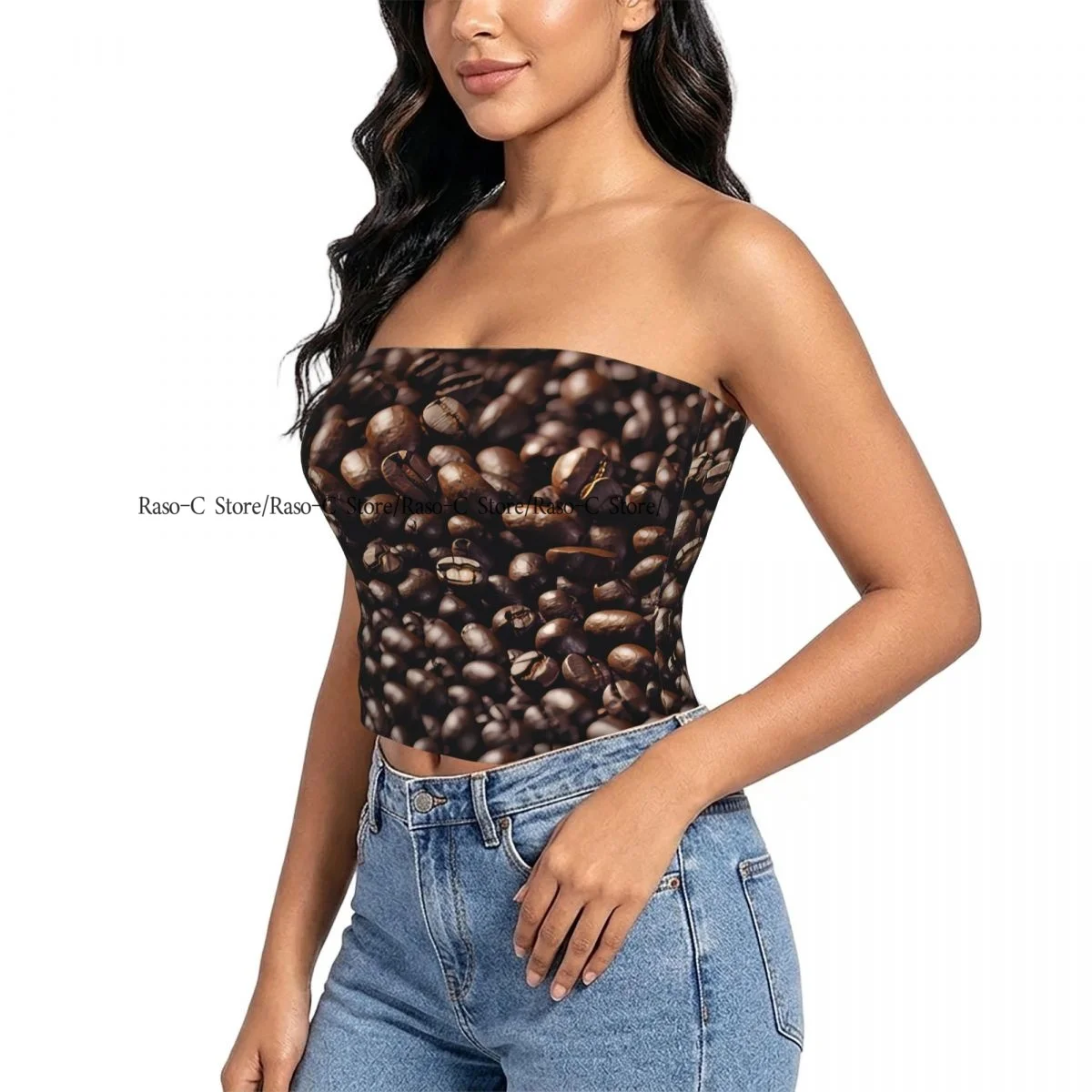 Strapless Sexy Tube Tops Summer Outfits Women Backless Shoulder Wrap Coffee Beans Background Female Crop Top