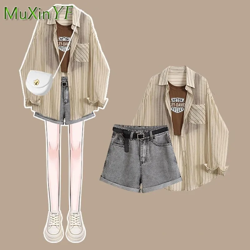 Kobiety 2024 Summer New Fashion Denim Shorts Matching Set Korean Elegant Sunscreen Long Sleeved Shirt+Vest+Jeans Suit Three Piece