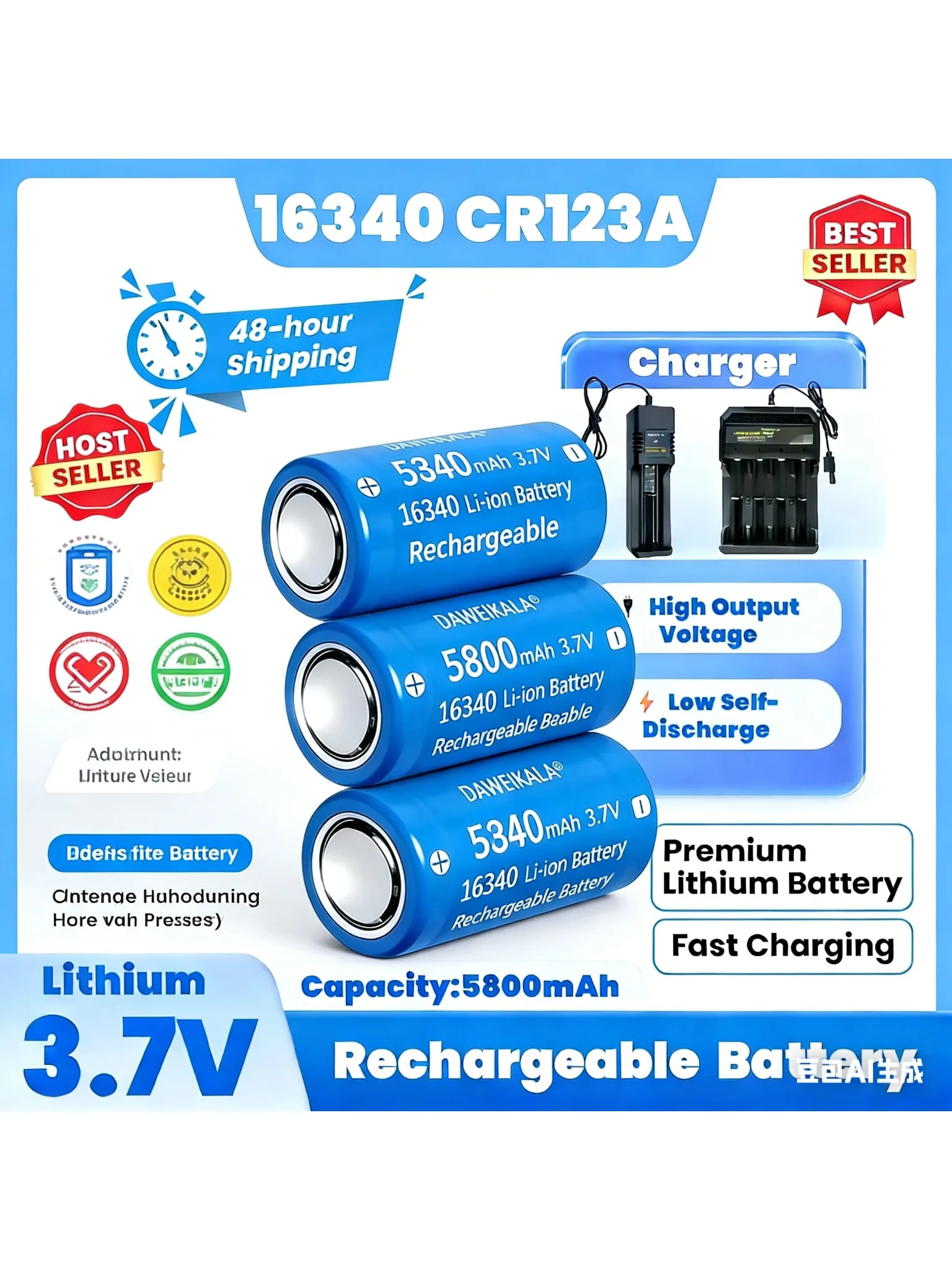 Akumulator litowo-jonowy o dużej pojemności 16340 5800mAh 3.7V z ładowarką, idealny zamiennik CR123A do latarki LED, podróży, biwakowania. — 2