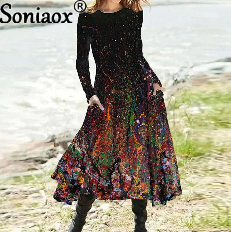 Vintage Boho Gradient Printed Midi Long Dress Autumn Winter Elegant High Waist Pocket Long Sleeve A-line Female Street Dresses 5