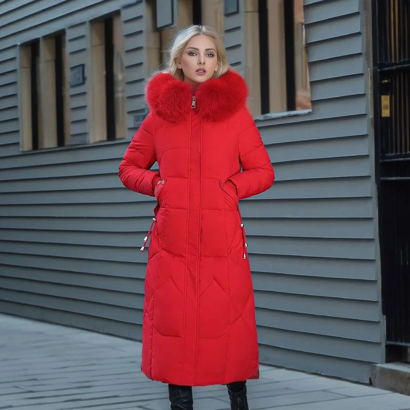 Women Down Cotton Coat Long Winter Puffer Parkas Fur Collar Thicken Warm Snow Wear Hooded Padded Coat Zipper Woman Overcoat