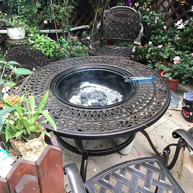Cast aluminum grill on table round with fire pit and lid in the middle 6-piece metal chair 122cm multifunctional table
