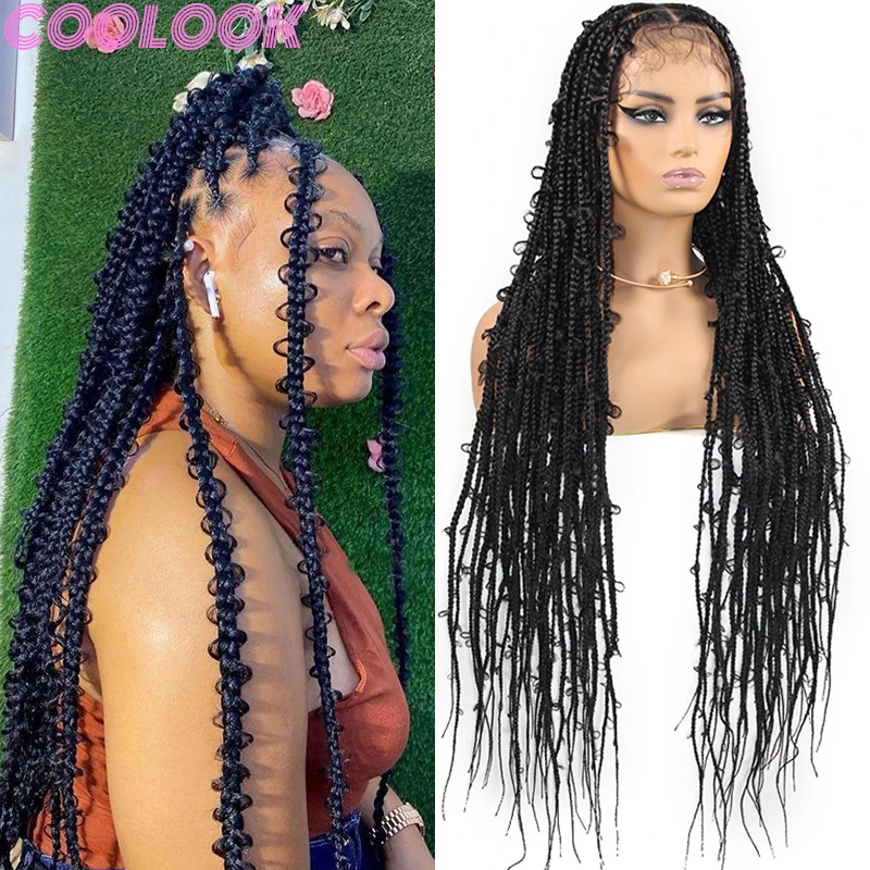 

Black Synthetic Full Lace Butterfly Locs Braid Wigs 36'' Cornrow Plait Distressed Braided Wig Lightweight Braids Lace Front Wigs