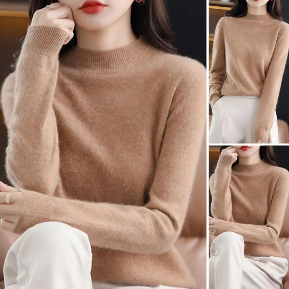 Stylish Knitted Top for Women Soft Stretchy Women's Long Sleeve Pullover Sweater with Mid Collar for Daily Wear for Women