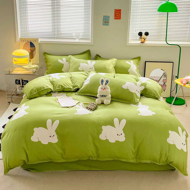 1PC All-Season Duvet Cover: Bright Green, White Cartoon Rabbit (Red Cheek), Skin-Friendly, Fits S/D/Queen/King